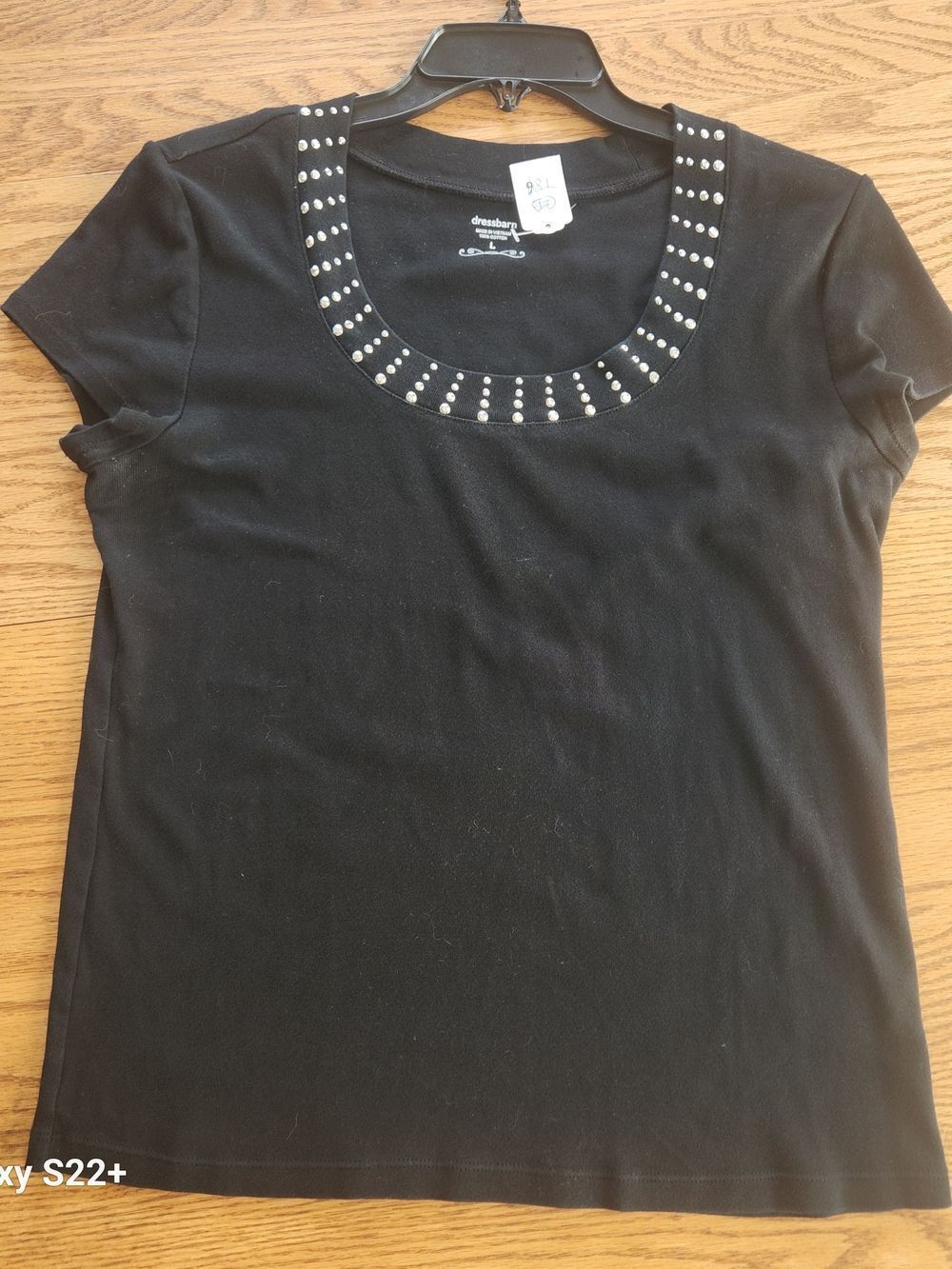 dressbarn Black Short Sleeve Scoop Neck Top with Silver Studs